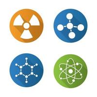 química y física. conjunto de iconos de larga sombra de diseño plano. átomo, molécula y símbolos de precaución radiactiva. signo de radiación. ilustración de silueta de vector