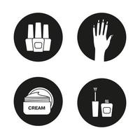 Manicure icons set. Nail polish bottles, woman's hand with manicure, cream jar. Vector white silhouettes illustrations in black circles