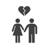 Lovers breakup glyph icon. Divorced couple silhouette symbol. Man and woman with broken heart shape above. Negative space. Vector isolated illustration