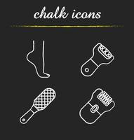 Feet care chalk icons set. Woman's foot, file, rasp, epilator. Isolated vector chalkboard illustrations