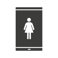 Lady smartphone glyph icon. Silhouette symbol. Smart phone with woman. Negative space. Vector isolated illustration