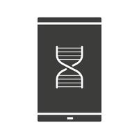 Smartphone science app glyph icon. Silhouette symbol. Smart phone with DNA chain model. Negative space. Vector isolated illustration