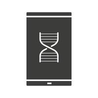 Smartphone science app glyph icon. Silhouette symbol. Smart phone with DNA chain model. Negative space. Vector isolated illustration