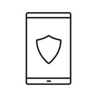 Smartphone antivirus app linear icon. Thin line illustration. Smart phone with protection shield contour symbol. Vector isolated outline drawing