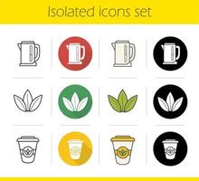 Tea icons set. Flat design, linear, black and color styles. Electric kettle, loose tea leaves, takeaway paper cup. Isolated vector illustrations