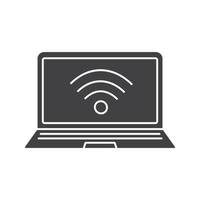 Laptop wifi connection glyph icon. Silhouette symbol. Notebook with wi fi signal. Negative space. Vector isolated illustration