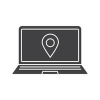 Laptop gps navigation glyph icon. Silhouette symbol. Laptop with map pinpoint. Negative space. Vector isolated illustration