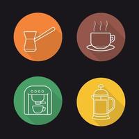 Conjunto de iconos de café plana lineal larga sombra. cezve turco, taza de café humeante en un plato, máquina de espresso, prensa francesa. ilustración de línea vectorial vector