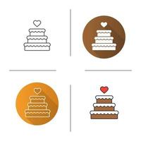 Wedding cake icon. Flat design, linear and color styles. Chocolate cake with heart shape above. Isolated vector illustrations