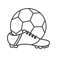 Soccer boot and ball linear icon. Thin line illustration. Contour symbol. Vector isolated outline drawing