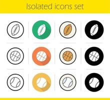 Sport balls icons set. Flat design, linear, black and color styles. American football, baseball and basketball balls. Isolated vector illustrations