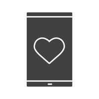 Smartphone dating app glyph icon. Silhouette symbol. Smart phone with heart shape. Negative space. Vector isolated illustration