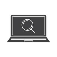 Laptop search glyph icon. Silhouette symbol. Notebook with magnifying glass. Negative space. Vector isolated illustration