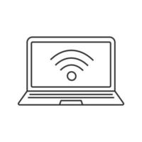 Laptop wifi connection linear icon. Thin line illustration. Notebook with wi fi signal contour symbol. Vector isolated outline drawing