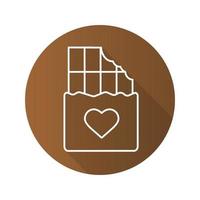 Chocolate bar flat linear long shadow icon. Bitten chocolate bar with heart shape. Vector line symbol