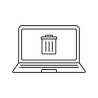 Laptop trash linear icon. Thin line illustration. Notebook with trashcan contour symbol. Vector isolated outline drawing