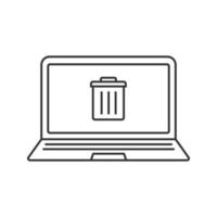 Laptop trash linear icon. Thin line illustration. Notebook with trashcan contour symbol. Vector isolated outline drawing