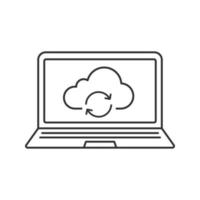 Laptop cloud computing linear icon. Thin line illustration. Notebook with web storage refresh arrows contour symbol. Vector isolated outline drawing