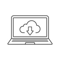 Laptop cloud computing linear icon. Thin line illustration. Notebook with cloud storage download arrow contour symbol. Vector isolated outline drawing