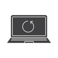 Laptop restart glyph icon. Silhouette symbol. Notebook with cycling arrow. Negative space. Vector isolated illustration