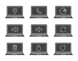 Laptops glyph icons set. Silhouette symbols. Laptops with gps pinpoint, user, trash, reload arrows, mute on and off, statistics, phone. Vector isolated illustration