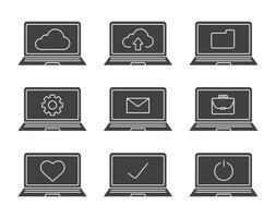 Laptops glyph icons set. Silhouette symbols. Laptops with folder, settings, cloud computing, email, tick, heart, briefcase, turn off button. Vector isolated illustration