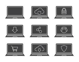 Laptops glyph icons set. Cloud computing silhouette symbols. Laptops with protection shield, connection, security lock, users group, shopping cart, download arrow. Vector isolated illustration