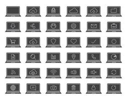 Laptops glyph icons set. Silhouette symbols. Laptops with wifi connection, cloud computing, users, protection, document, folder, settings. Vector isolated illustration