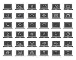 Laptops glyph icons set. Silhouette symbols. Laptops with wifi connection, cloud computing, users, protection, document, folder, settings. Vector isolated illustration