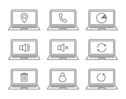 Laptops linear icons set. Laptops with gps pinpoint, user, trash, reload arrows, mute on and off, statistics, phone. Thin line contour symbols. Isolated vector illustrations