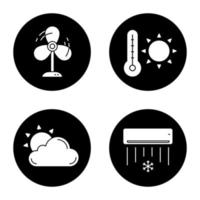 Summer weather icons set. Fan, sun behind cloud, air conditioner, summer hot temperature. Vector white silhouettes illustrations in black circles