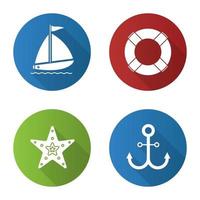 Summer flat design long shadow icons set. Sea star, lifebuoy, sailing boat, anchor. Vector silhouette illustration