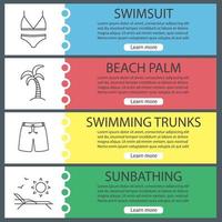 Summer banner templates set. Swimsuit, palm tree, swimming trunks, beach chair with sun and birds. Website menu items with linear icons. Color web banner. Vector headers design concepts