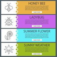 conjunto de plantillas de banner de verano. miel de abeja, mariquita, flor, clima soleado. elementos del menú del sitio web con iconos lineales. banner web en color. conceptos de diseño de encabezados vectoriales vector