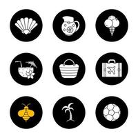 Summer icons set. Seashell, lemonade jug, ice cream, beach cocktail, bag, palm tree, suitcase, bee, soccer ball. Vector white silhouettes illustrations in black circles