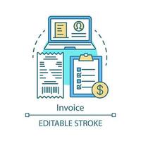 Invoice concept icon. Commercial document idea thin line illustration. Online store shopping. E commerce. Deal making. CRM system software. Vector isolated outline drawing. Editable stroke