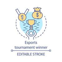 Esports tournament winner concept icon. Gamer with award. Champion cup. Competition champion trophy. E sports competition idea thin line illustration. Vector isolated outline drawing. Editable stroke