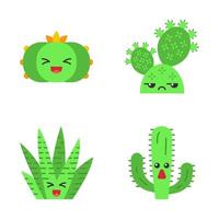 Conjunto de iconos de colores de larga sombra de diseño plano de cactus. plantas con caras sonrientes. riendo peyote y cactus cebra. no divertidos cactus silvestres de tuna. plantas suculentas. ilustraciones de silueta de vector