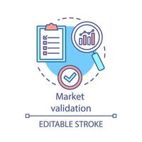 icono del concepto de validación de mercado. entrevista con público objetivo. plan de desarrollo de la empresa. Ilustración de línea fina de idea de investigación de mercado. dibujo de contorno aislado vectorial. trazo editable vector