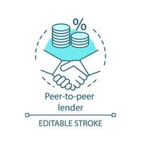 Peer-to-peer lender concept icon. P2P lending. Investment in loan. Deposit agreement. Credit idea thin line illustration. Vector isolated outline drawing. Editable stroke