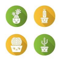 Cactuses flat design long shadow glyph icons set. Plants with smiling faces. Laughing Saguaro and prickly pear. Happy hedgehog cactus. Home cacti in pots. Succulents. Vector silhouette illustration