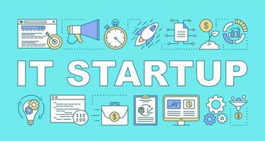 IT startup word concepts banner. Informational technology business. Creation new web products. Presentation, website. Isolated lettering typography idea with linear icons. Vector outline illustration