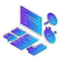 Digital marketing isometric color vector illustration. Search optimization linear icons infographic. SEO strategy. Website ranking 3d concept. Gradient isolated design elements on white background