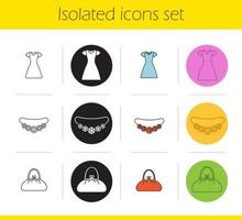 Women's accessories icons set. Linear, black and color styles. Gemstone necklace, sun frock, purse. Isolated vector illustrations