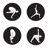Yoga asanas icons set. Bakasana, virabhadrasana, uttanasana, trikonasana yoga positions. Vector white silhouettes illustrations in black circles