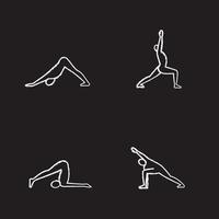 Conjunto de iconos de tiza de asanas de yoga. halasana, adho mukha svanasana, virabhadrasana, utthita parsvakonasana posiciones de yoga. ilustraciones de pizarra vector aislado