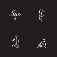 Conjunto de iconos de tiza de asanas de yoga. posiciones de yoga bakasana, uttanasana, vrishchikasana, ardha matsyendrasana. ilustraciones de pizarra vector aislado