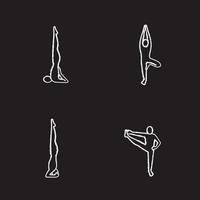 Conjunto de iconos de tiza de asanas de yoga. posiciones de yoga sarvangasana, vrikshasana, salamba sirsasana, utthita hasta padangusthasana. ilustraciones de pizarra vector aislado