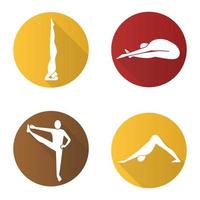 Yoga asanas flat design long shadow icons set. Salamba sirsasana, paschimottanasana, utthita hasta padangusthasana, adho mukha svanasana. Yoga positions. Vector silhouette illustration