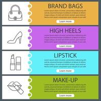 Women's accessories banner templates set. Handbag, lipstick, high heel shoe. Website menu items with linear icons. Color web banner. Vector headers design concepts